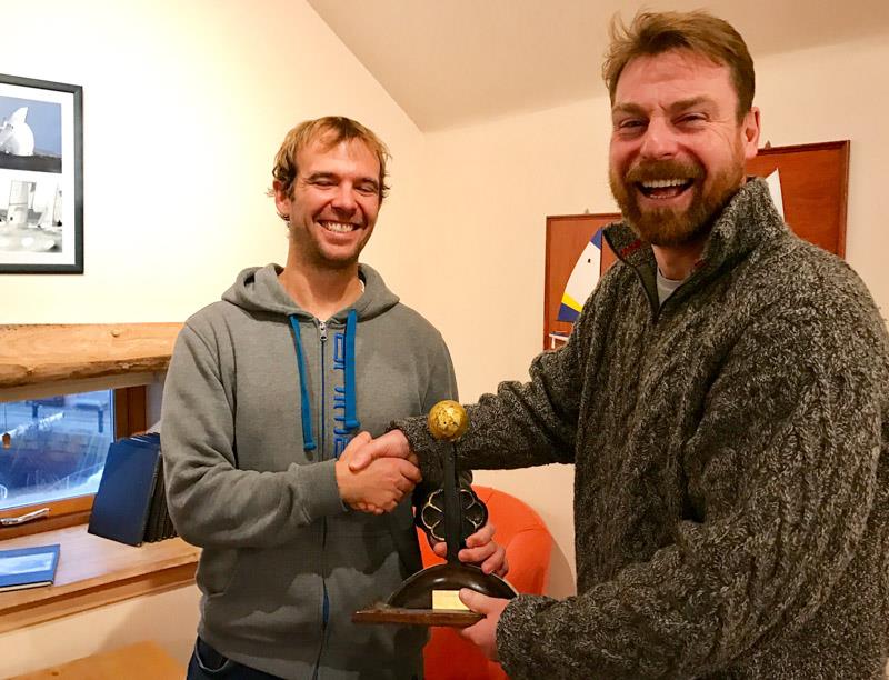 Paul Rigg (left) receives the Icebreaker Trophy from Robbie Lawson, Commodore of East Lothian Yacht Club photo copyright David Farmer taken at East Lothian Yacht Club