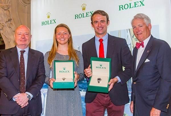 (l-r) Stewart Wicht, CEO of Rolex; Daniela Moroz; Caleb Paine; Bruce Burton, President of US Sailing photo copyright Rolex / Daniel Forster taken at New York Yacht Club