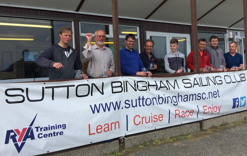 Winners at the Sutton Bingham multi-class sailing event, Marcus Patton, Mike Burke, Ben Palmer, Eddie Pope, Chris Hatton, Andrew Snell, Alistair Glen and Steve Mitchell photo copyright Chris Jones taken at Sutton Bingham Sailing Club