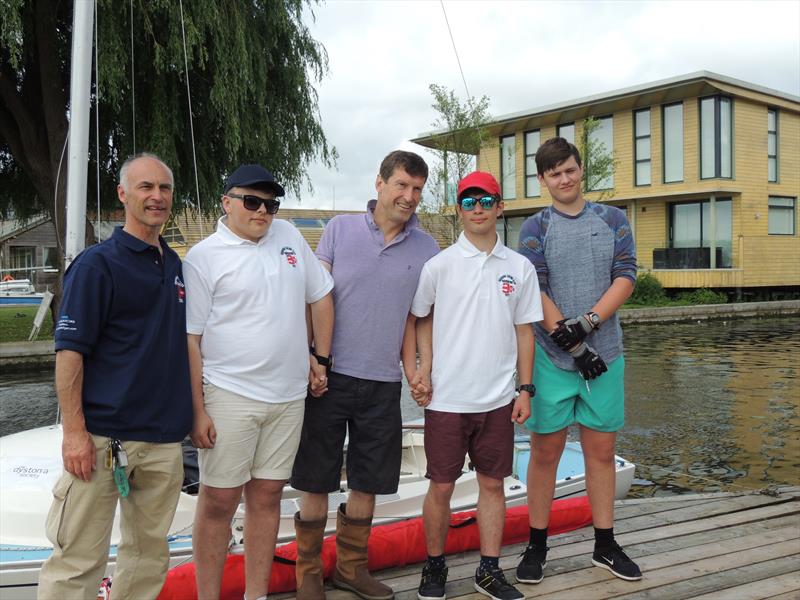 (l-r) Will Penny Snr (William's father), Christopher Willis, Paul Clarke (the Instructor who suffers from Dystonia), William Penny Jnr, Henry Whipp raise funds for the Dystonia Society during the 57th Navigators & General Three Rivers Race - photo © Holly Hancock