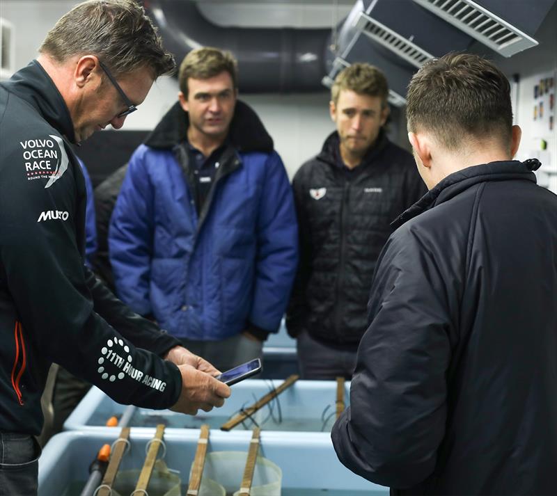 Sailors Phil Harmer, Charlie Enright, and Nick Dana look on as Dr. Huw Griffiths gives a tour around the British Antarctic Survey's aquarium which allows scientists to study specimens from the Antarctic Sea back in Cambridge photo copyright 11th Hour Racing taken at 