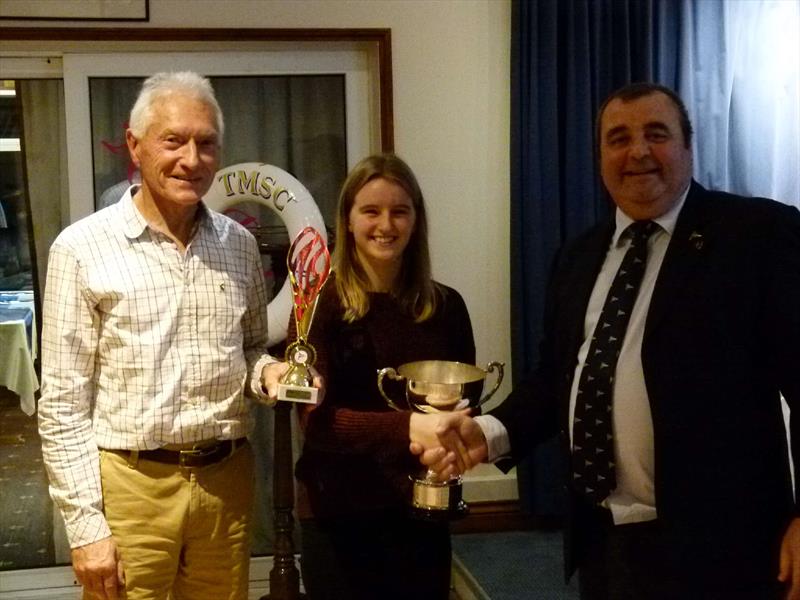Torpoint Mosquito Sailing Club prize giving (l-r) Tony Ayers, Girl Cadet of the Year - Grace Cowd, Commodore Steve Creek  photo copyright Keith Watts taken at Torpoint Mosquito Sailing Club