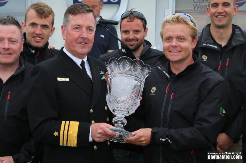 Cmdt. Barry Byrne receiving The Beaufort Cup at Volvo Cork Week 2016 from Vice Admiral of the Naval Services, Mark Mellett - photo © Tim Wright / www.photoaction.com