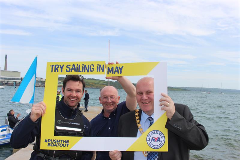 East Antrim Boat Club Push the Boat Out (l-r) 49er Olympian/RYA Performance coach, Matt McGovern; EABC Rear Commodore, Steven Kirby & Mid & East Antrim mayor Paul Reid photo copyright Andrew Kirkpatrick taken at East Antrim Boat Club