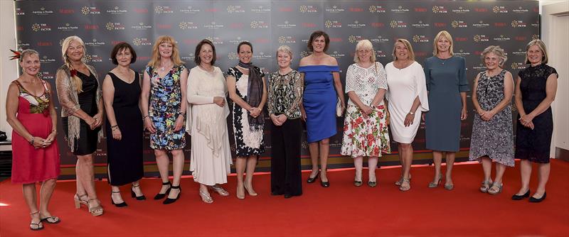 (l-r) Mandy Swan Neal; Mikaela Von Koskull; Claire Warren; Tanja Visser; Princess Zahra, Trustee of The Maiden Factor Foundation; Tracy Edwards MBE; Sally Hunter; Nancy Harris; Marie-Claude Kieffer (neé Heys); Jeni Mundy; Jo Gooding; Sarah Davies - photo © Michael Chester / The Maiden Factor