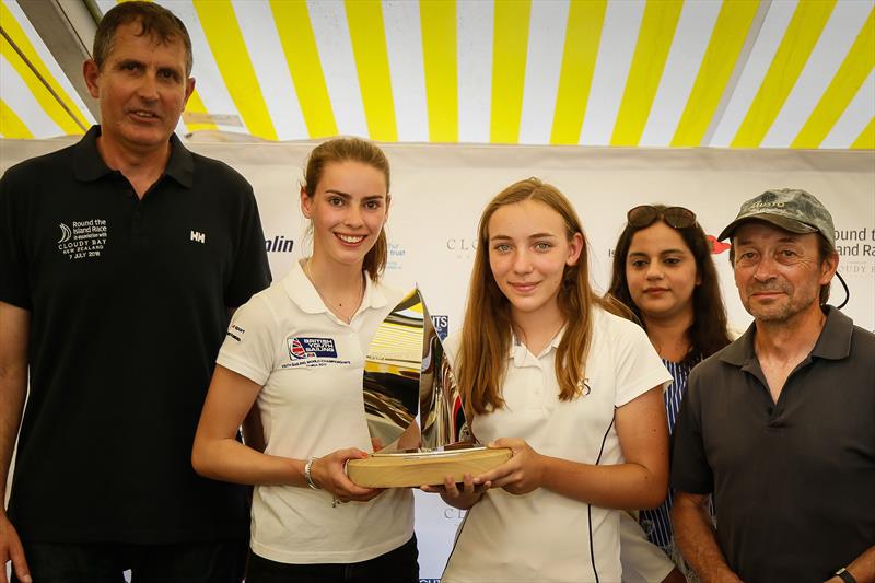 Hattie Rogers (left) and Paige Flide (right) from Hampshire Collegiate School receiving the Raymarine Young Sailor Trophy after this year's Round the Island Race photo copyright Paul Wyeth / www.pwpictures.com taken at 