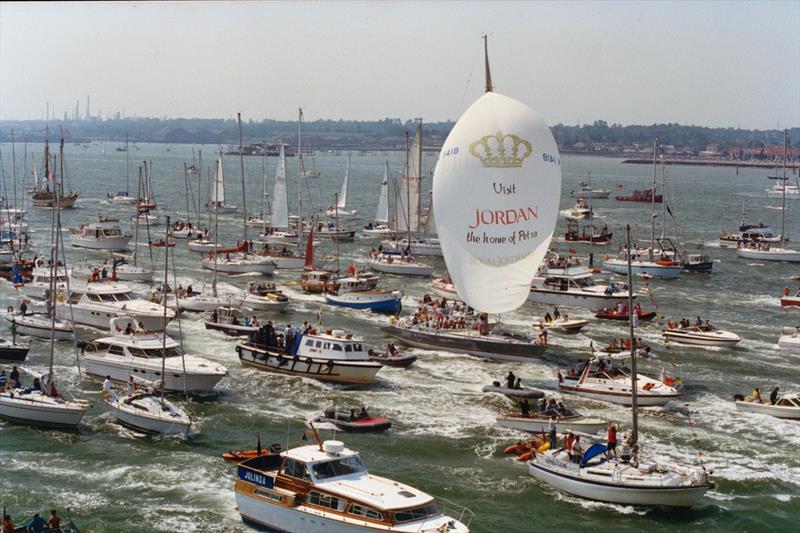 Maiden crossing the Whitbread Round the World Race finish line, surrounded by supporters - photo © Andrew Sassoli-Walker