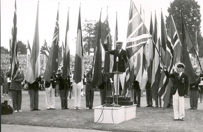 The Opening Ceremony for the Olympic Regatta. Team UK were given their uniforms (though not shoes) which were 'over and above' the normal rationed allowance for clothing. Not so well dressed were the Australian Team after London dockers stole the uniform! - photo © Torquay Library / Henshall