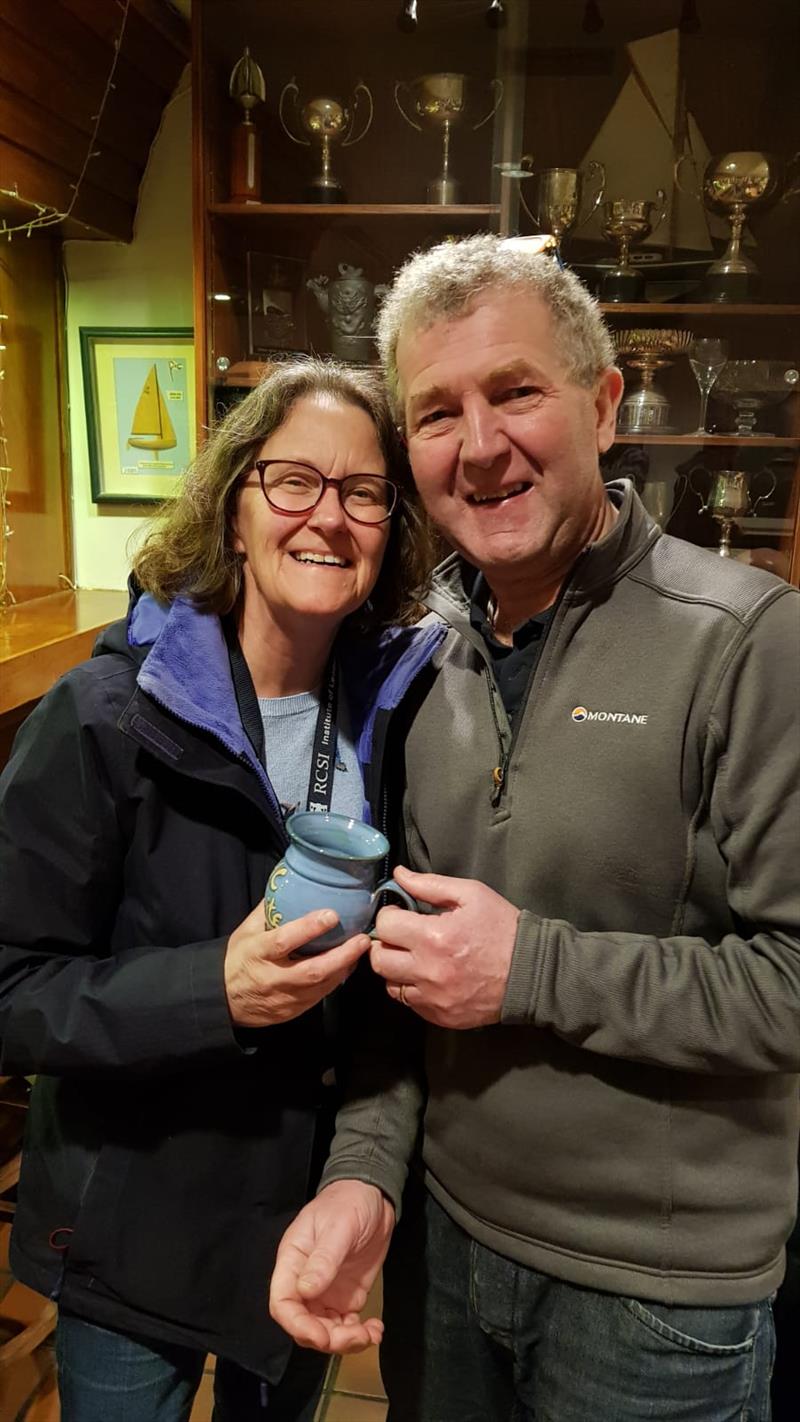 Mary Chambers, Mug winner Race 3, Laser 4.7 with Frostbite Coordinator Neil Colin on day 1 of the Dun Laoghaire Frostbites Series 2 photo copyright Frank Miller taken at Dun Laoghaire Motor Yacht Club