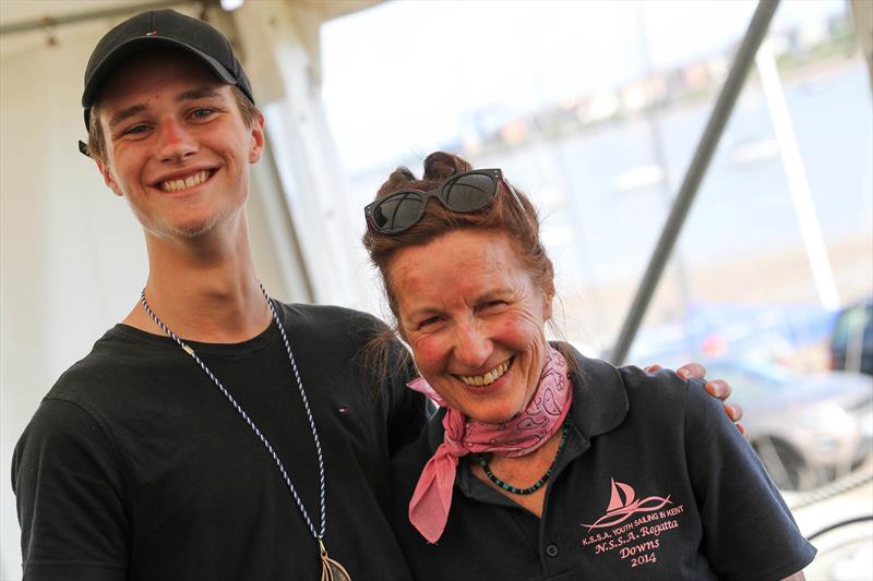 Pierce Seward received the winners cup and medal from the wonderful Elena Setterfield one of the KSSA's longest serving committee members during the KSSA Mid-Summer Regatta 2019 at Medway YC - photo © Jon Bentman