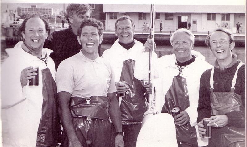 (l-r) Anthony Churchill (left), Sammy Sampson (rear), Owen Parker, Jean Berger, Ted Heath, and Duncan Kay celebrate their win in the 1969 Sydney Hobart Race, by one of the smallest boats in the fleet photo copyright George Layton taken at Cruising Yacht Club of Australia