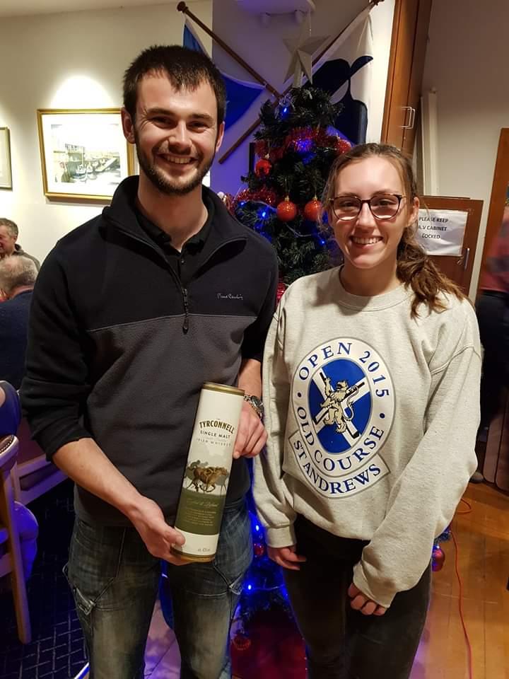 Josh Porter (Newtownards SC) & Cara McDowell (DL) win the Fireball competitors' raffle in Dun Laoghaire Frostbite Series 1 photo copyright Frank Miller taken at Dun Laoghaire Motor Yacht Club