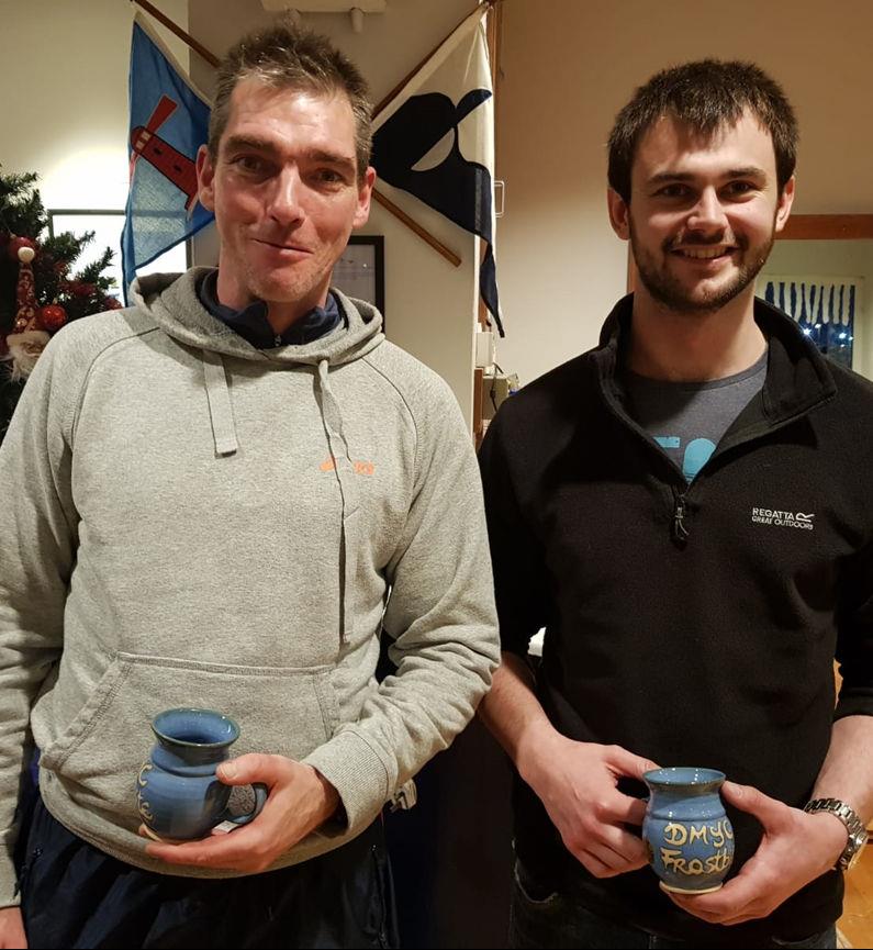 Dun Laoghaire Frostbite Series 2 day 1: Michael Ennis (l) and Josh Porter pick up their Frostbite Mugs for race 2 in the PY fleet photo copyright Frank Miller taken at Dun Laoghaire Motor Yacht Club