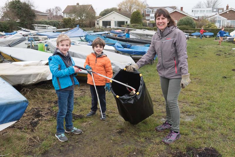 Victoria Lovell with Isaac Lovell and and Jack Addison cleaning the Emsworth SC boat park - photo © Don Manson