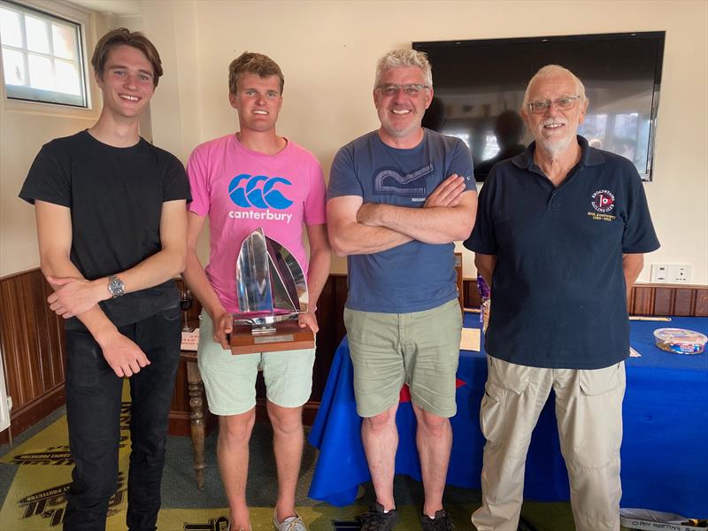 (l-r) Pierce Seward, Oliver Cage-White and Paddy Denby - the Dyson Dash podium - pose (briefly) with BSC's Commodore Josh Lidstone photo copyright Adrian Trice taken at Broadstairs Sailing Club