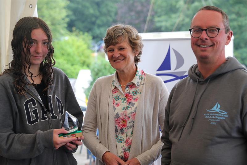 Third overall Medway YC's Millie Lewis with Medway YC's rear commodore Catherine Gore and KSSA's Commodore Andrew Baker during the KSSA Mid-Summer Regatta at Medway photo copyright Jon Bentman taken at Medway Yacht Club