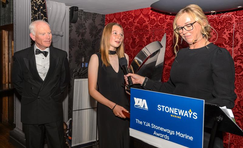 Katie McCabe receives the YJA Stoneways Marine Young Sailor of the Year from Stoneways Marine CEO Guy Prest, also with MC Shirley Robertson OBE - photo © Sam Kurtul / www.worldofthelens.co.uk