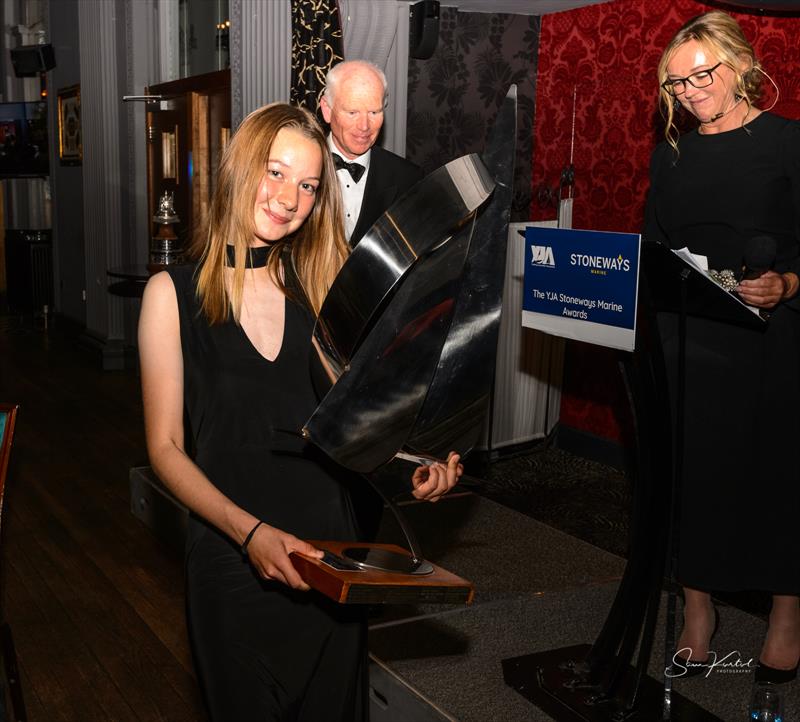 Katie McCabe receives the YJA Stoneways Marine Young Sailor of the Year from Stoneways Marine CEO Guy Prest, also with MC Shirley Robertson OBE photo copyright Sam Kurtul / www.worldofthelens.co.uk taken at 