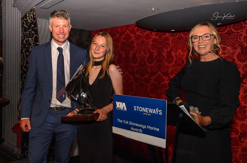 : Stu Bithell, Katie McCabe with her YJA Stoneways Marine Young Sailor of the Year trophy, and Shirley Roberton OBE - photo © Sam Kurtul / www.worldofthelens.co.uk