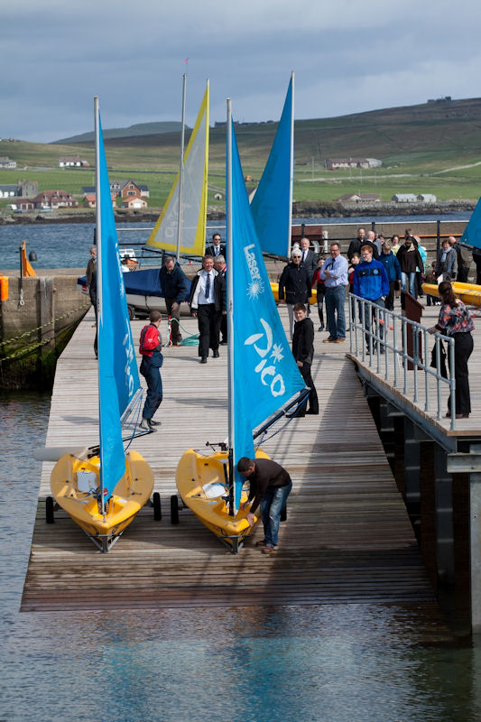 Young sailors from Lerwick Boating Club make ready to launch their boats from the new boat deck at Small Boat Harbour photo copyright Doug Allsop taken at Lerwick Boating Club