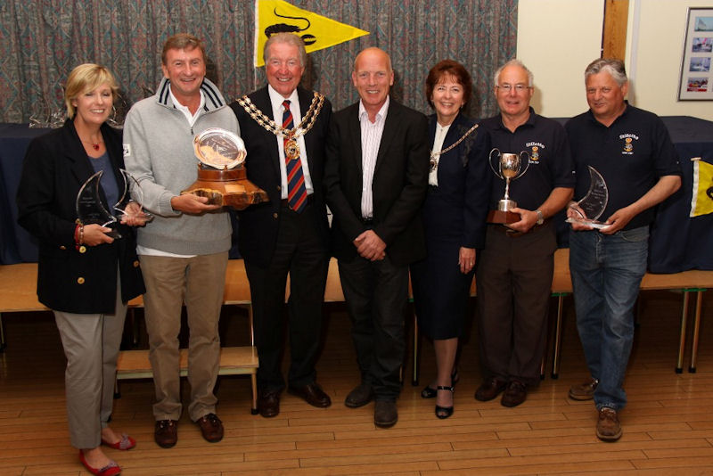 Warsash Spring Series Special Prize Winners (l to r) Sarah and Mike Wallis (Founder's Salver), Mayor of Fareham Cllr Trevor Cartwright, Mike Golding, Mayoress of Fareham Mrs Ruth Cartwright, John Barratt & Paul Woodward (Commodore's Cup) photo copyright Eddie Mays taken at Warsash Sailing Club