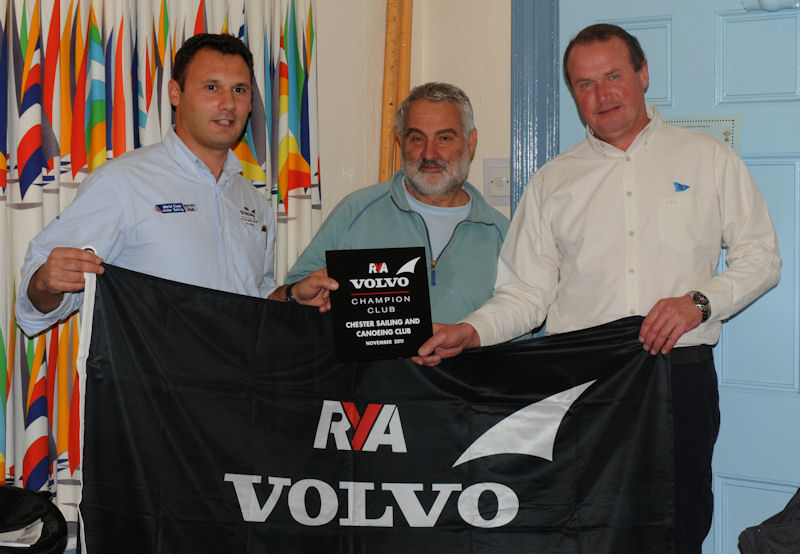 RYA High Performance Manager Chris Blackburn, Chester Sailing Club’s Peter Hadfield and club Commodore Mike Kneale as they are awarded Volvo Champion Club status photo copyright RYA taken at Chester Sailing & Canoeing Club
