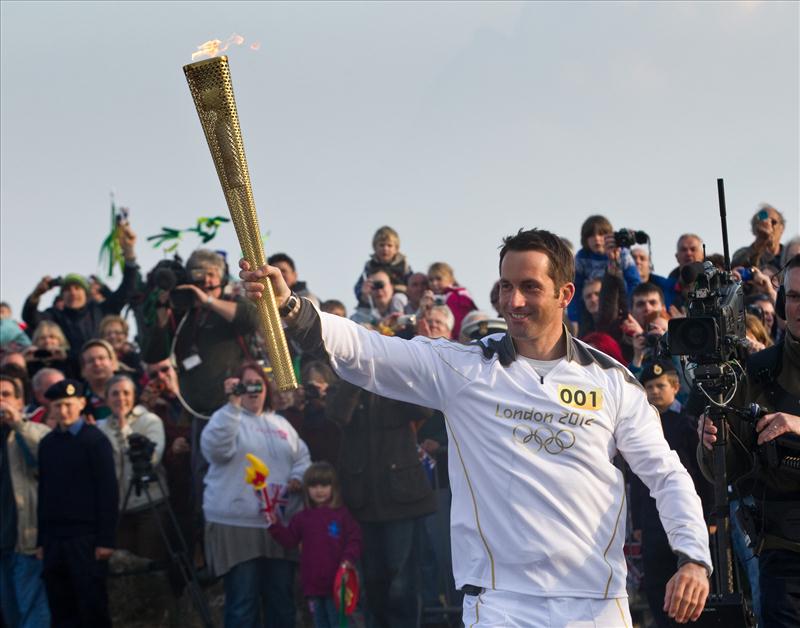 Ben Ainslie starts the 2012 Olympic Torch Relay from Land's End, Cornwall