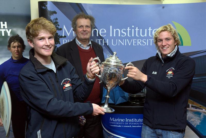 Paul Wright awards Craig Dibb & Ali Masters the 'Marine Institute 150 years with Plymouth University Trophy' at the UK Student Fleet Champs photo copyright Lloyd Russell taken at Mount Batten Centre for Watersports