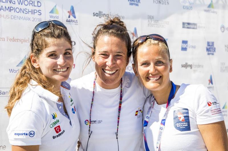 Martine Soffiatti Grael (BRA), Tamara Echegoyen Dominguez (ESP), Jena Mai Hansen (DEN) on day 3 of Hempel Sailing World Championships Aarhus 2018 photo copyright Sailing Energy / World Sailing taken at Sailing Aarhus