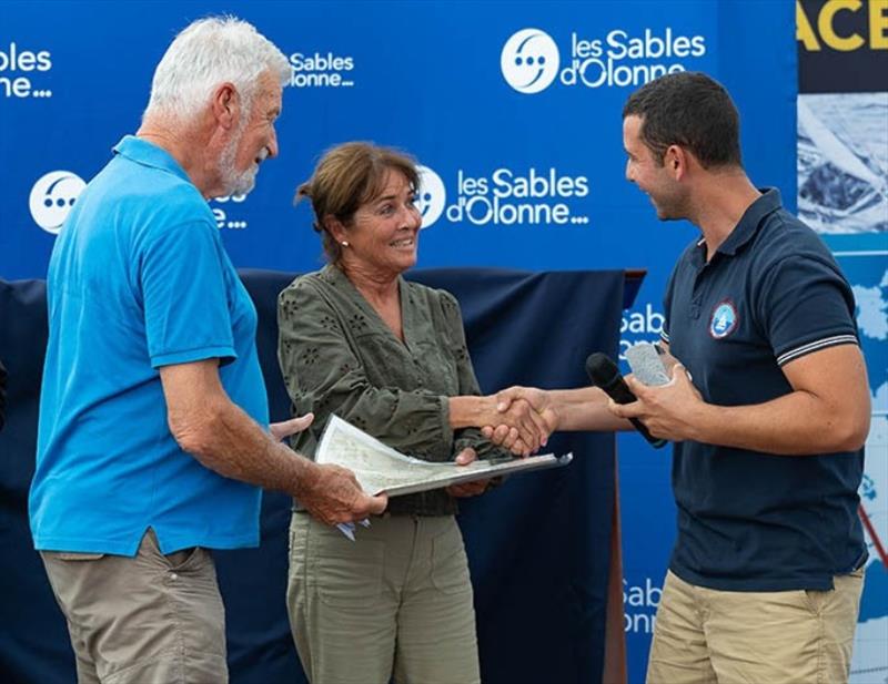 Jean-Luc van den Heede, Vice President of the Int. Assoc. of Cape Horners and Mrs Chénéchaud,  the Mayoress of Les Sables d'Olonne presenting the Cape Horn Hall of Fame awards to French inductee Guirec Soudée - photo © IACH