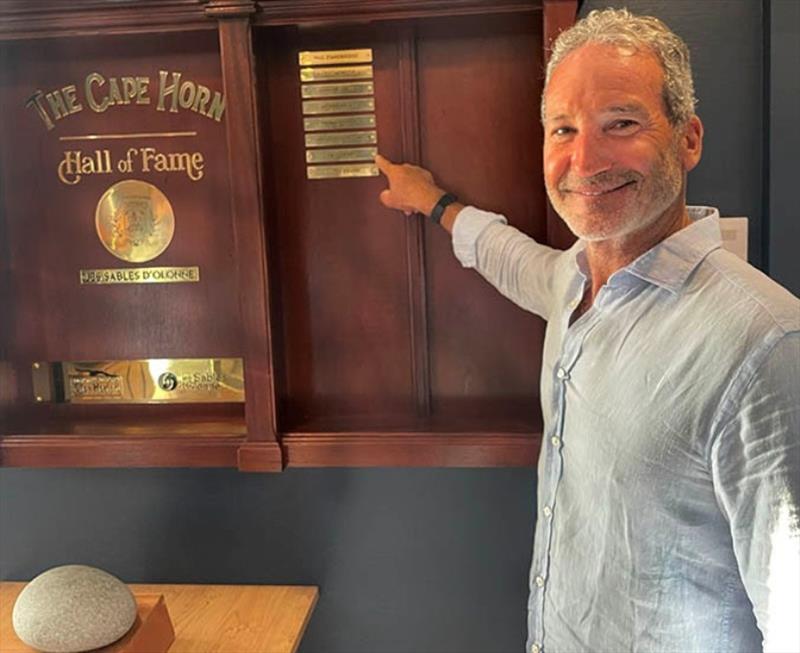 American circumnavigator Paul Cayard pointing to his name on the Cape Horn Hall of Fame Honours board - photo © IACH