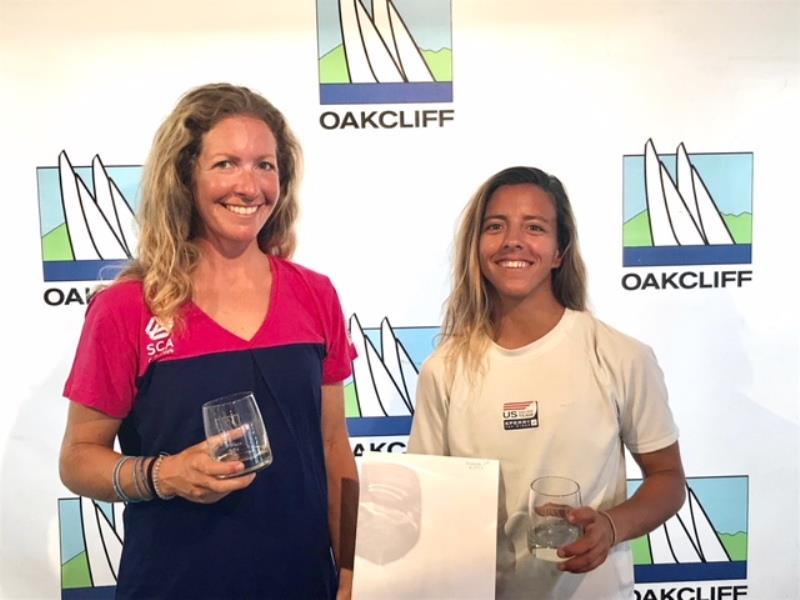 L to R: Lara Dallman Weiss and ENS Nikole 'Nikki' Barnes after the first leg of the Oakcliff Triple Crown Regatta - photo © Oakcliff Sailing Center