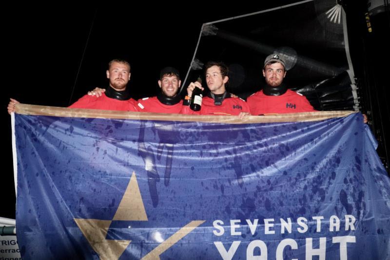 A great welcome and champagne shower to celebrate their finish: Tony's Lawson's Concise 8, Class40:  L to R: Jamie Diamond, James Dodd, Oliver Mellor, Jack Trigger photo copyright Louay Habib / RORC taken at Royal Ocean Racing Club
