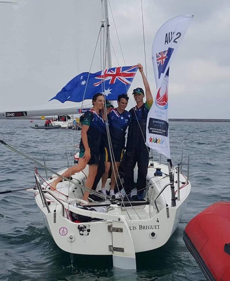 UNSW students Thomas Grimes, Jessica Grimes, Mitchell Evans and Nicholas Rozenauers on board their gold medal winning World University Championship boat photo copyright WUC Sailing Cherbourg 2018 taken at 