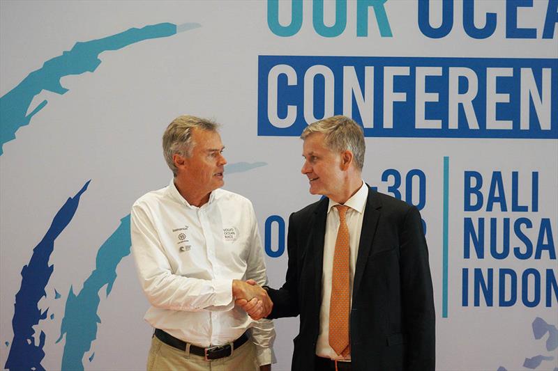 Johan Salén (L) and Erik Solheim at the Our Ocean Conference in Bali, where an MoU between The Ocean Race and UN Environment was signed photo copyright Damian Foxall taken at 