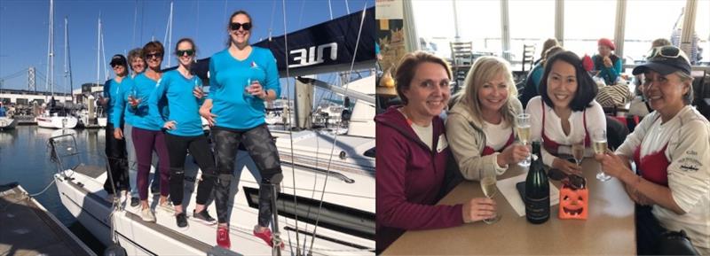 Left, Team Boudicca Lisa Caswell, Cathy Moyer, Petra Gilmore, Jenna Recupero; Right, Iseult crew: Phaedra Fisher, Patricia Corcoran, Yuning Pathman, Fernanda Castelo. Iseult was on loan from Larry Mayne, Sequoia YC Staff Com - 2018 Red Bra Regatta photo copyright Kara Hugglestone / Sail Couture taken at South Beach Yacht Club