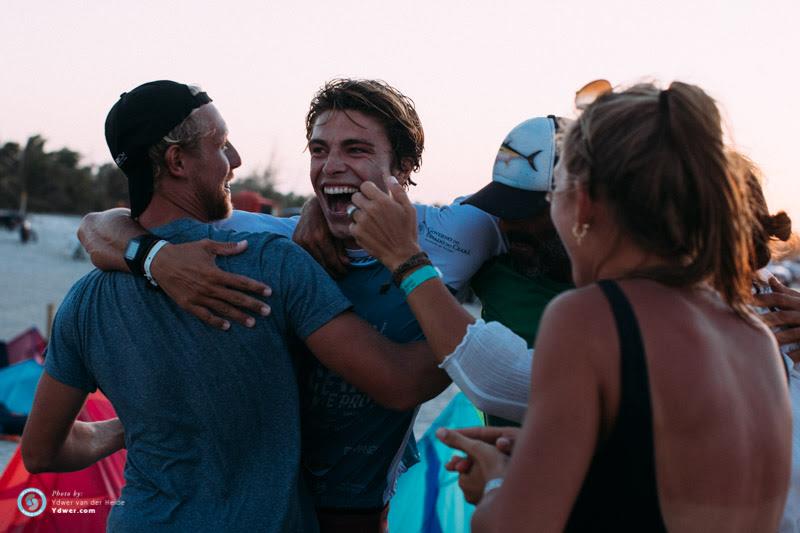 Day 1 - Camille Delannoy with family and friends yesterday. Yes, he's pretty pleased with how it's going, making the single elimination final which will take place later today! - 2018 GKA Kite-Surf World Tour Prea, Round 6 - photo © Ydwer van der Heide
