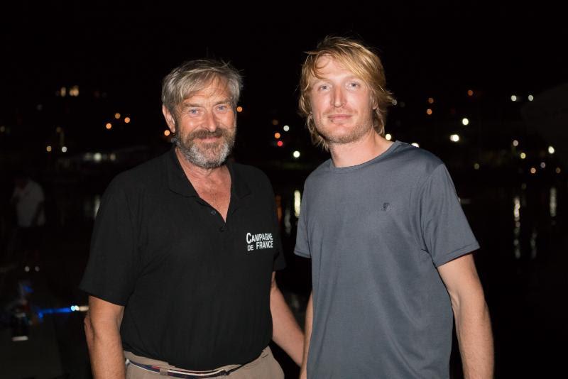 Halvard Mabire (left), with Miranda Merron (not in photo) make a surprise welcome on the dock in the early hours for Catherine Pourre's Class40 Eärendil. Right: Pietro Luciano - 2018 RORC Transatlantic Race - photo © RORC / Arthur Daniel