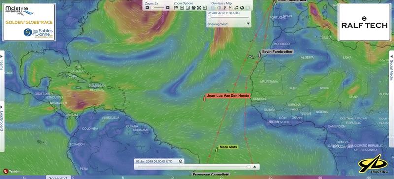 Relative positions of Race leader Jean-Luc Van Den Heede and 2nd placed challenger Mark Slats at 08:00 UTC today - Golden Globe Race photo copyright Golden Globe Race taken at 