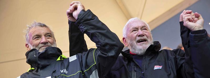 Sir Robin Knox-Johnston congratulates Golden Globe Race winner Jean-Luc Van Den Heede photo copyright Clipper Race taken at 