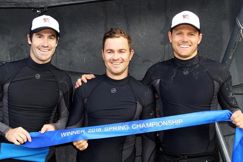 2018 Spring Championship-winning Rag and Famish Hotel team of Bryce Edwards, Rory Cox and Jacob Broom photo copyright Frank Quealey taken at Australian 18 Footers League