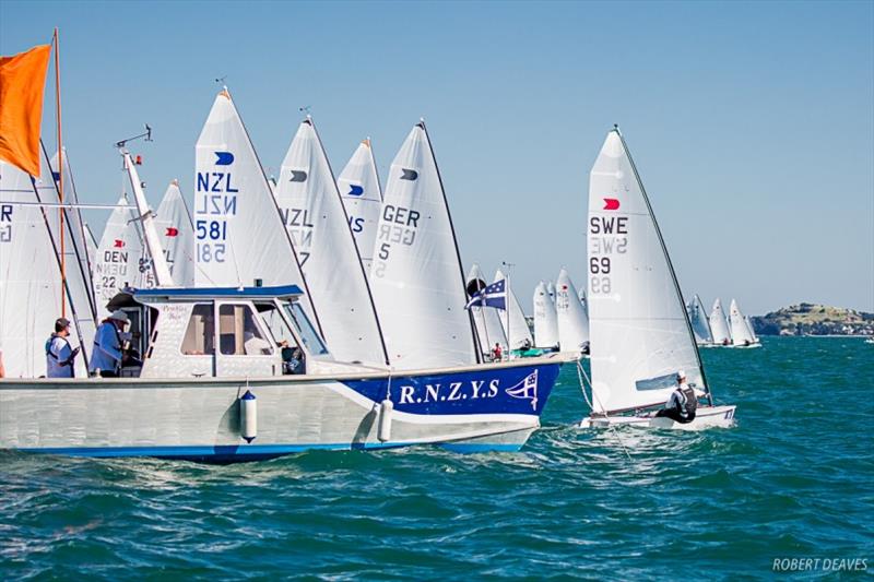 Fredrik Lööf wins the boat end on Day 2 - 2019 Symonite OK Dinghy World Championship photo copyright Robert Deaves taken at Wakatere Boating Club