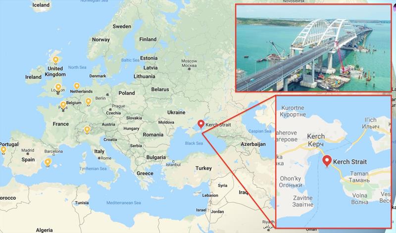The Kerch bridge connects Russia and Europe. Dozens of ships navigating around it have been sent false location data by the Russians photo copyright Google Maps / VMorozoff – Wikimapia, CC taken at 