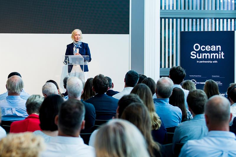 Wendy Schmidt, President of The Schmidt Family Foundation and co-Founder of 11th Hour Racing, speaking  photo copyright Pedro Martinez / Volvo Ocean Race taken at 