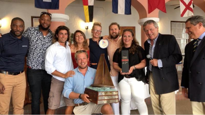 Celebrations all round at the 2019 Antigua Bermuda Race Prizegiving - Andy Lis and team on British Lombard 46 Pata Negra were awarded the Warrior Trophy at The Royal Bermuda Yacht Club photo copyright Louay Habib taken at Royal Bermuda Yacht Club