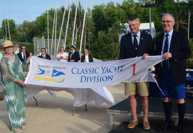 His Excellency the Governor of Bermuda Mr. John Rankin presented the Captain Edward Williams Trophy to Tabor Boy's captain James Geil for the yacht winning the Classic Yacht Division, best corrected time. - photo © Talbot Wilson