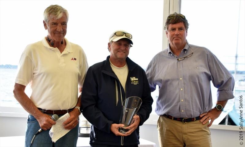 Brad Read (middle), tactician for New Zealand (KZ-3) accepts the first-place trophy for Grand Prix Division - Newport Trophy Regatta 2019 - photo © SallyAnne Santos