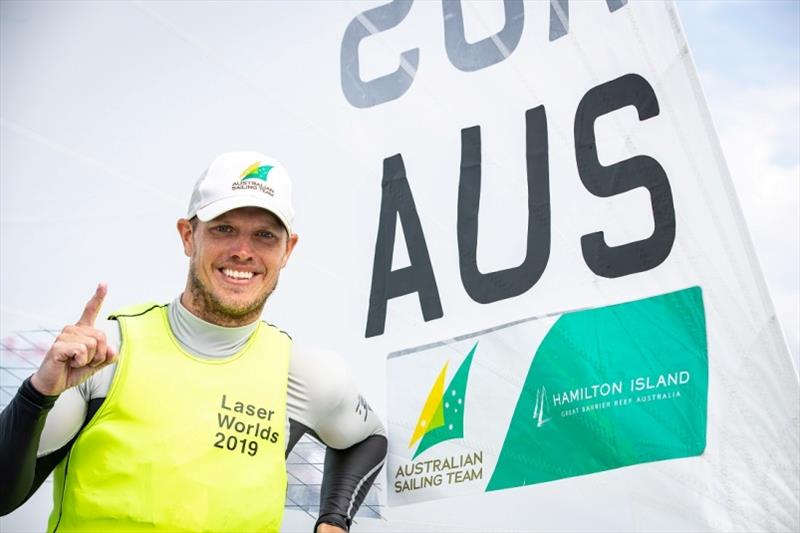 Tom Burton gives the 'No 1' signal after winning the Laser Worlds photo copyright Junichi Hirai / Bulkhead Magazine Japan taken at 