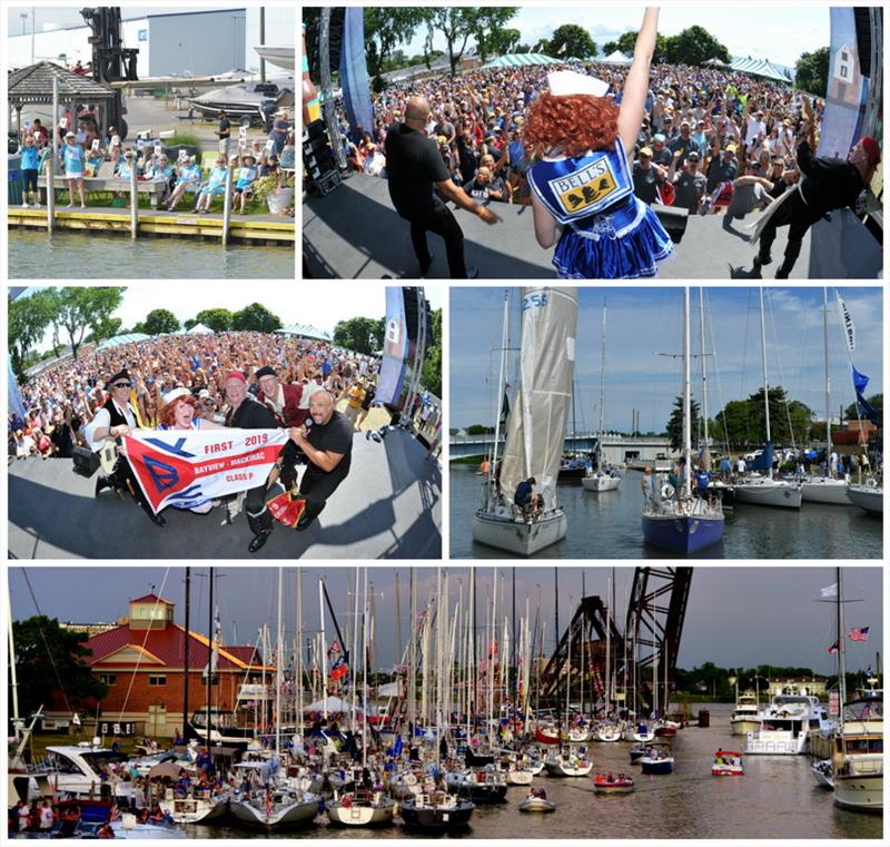 Top row: fans on shore, Awards Party; Middle: class winner on stage, parade to the start; Bottom: Boat Night on the Black River - Bell's Beer Bayview Mackinac Race 2019 photo copyright Martin Chumiecki / Bayview Yacht Club taken at Bayview Yacht Club