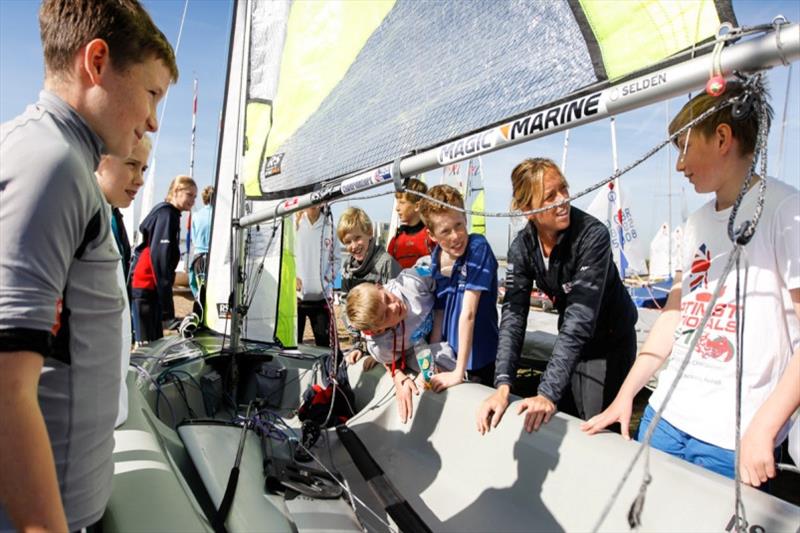 Sailors meeting Olympic Sailor Amy Seabright,at the RYA Junior Championships 2018 photo copyright Paul Wyeth taken at Queen Mary Sailing Club